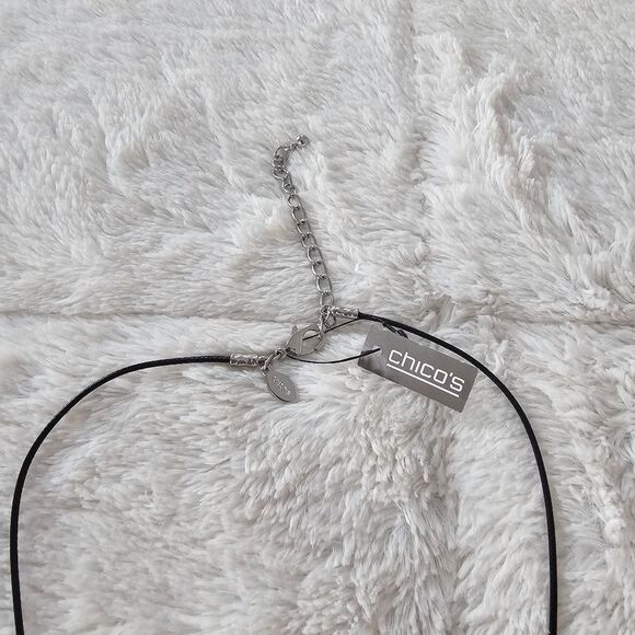 NEW Chico’s Long Black Leather Silver Tassel Necklace 13" Long plus Tassel - Picture 6 of 8